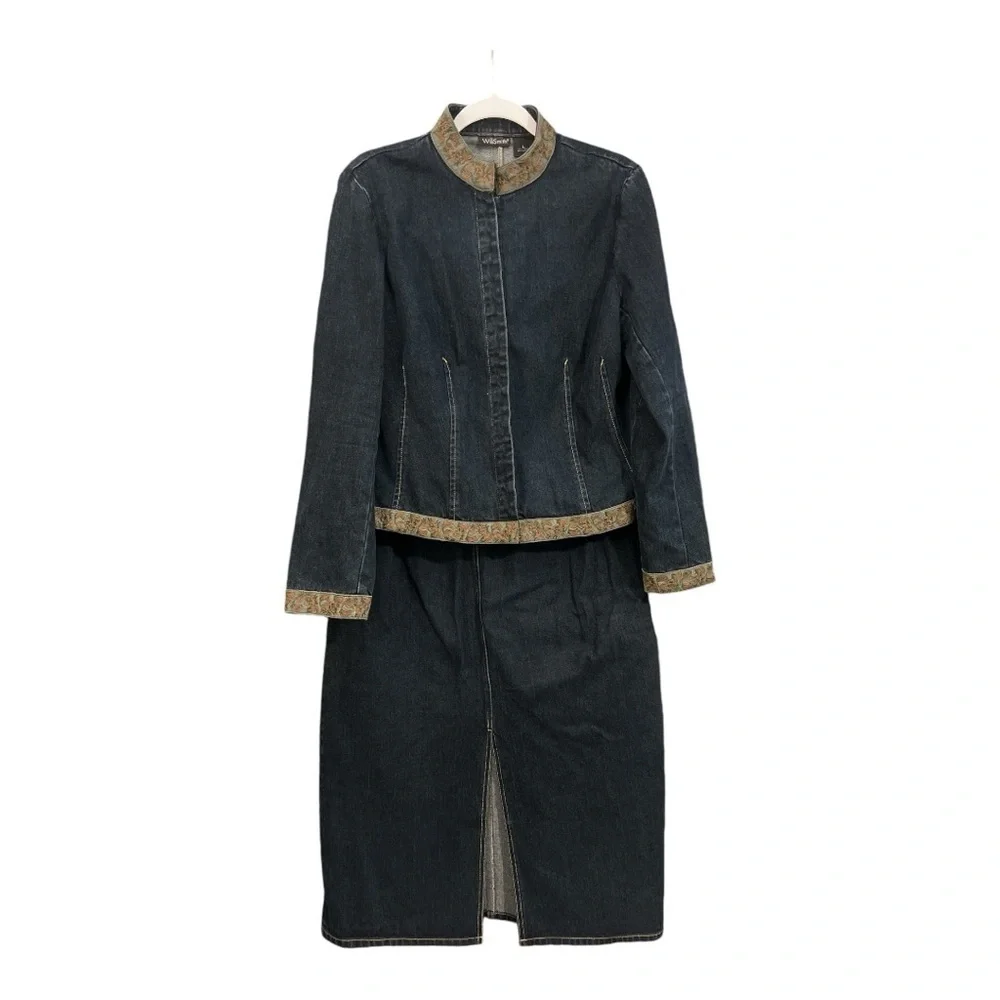 Willi Smith Denim Jacket & Embroidered Midi Skirt Set Boho‎ Artsy DS1